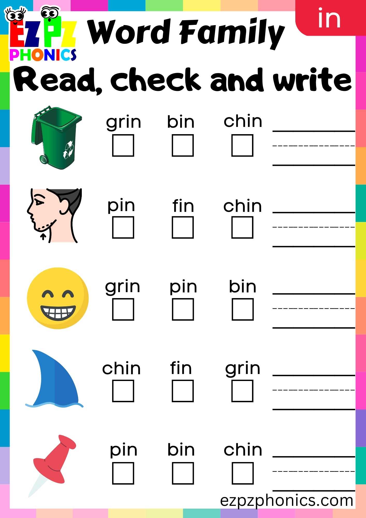 IN Words Read, Check And Write Phonics Word Families Worksheet